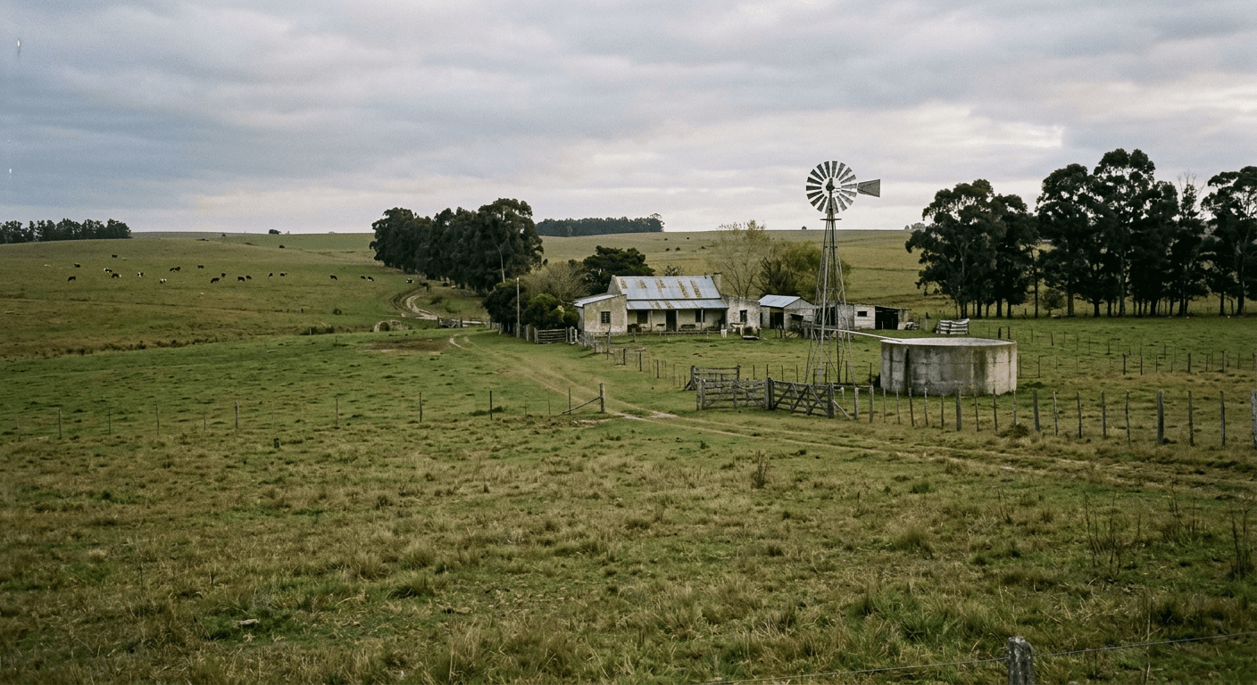 Establecimiento rural uruguayo con casa, molino y tanque de reserva de agua