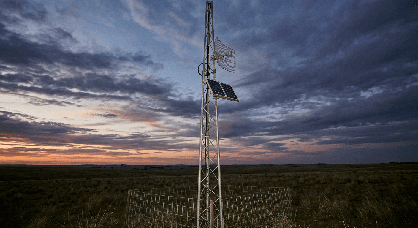 Mástil con antena de enlace y panel solar en el campo