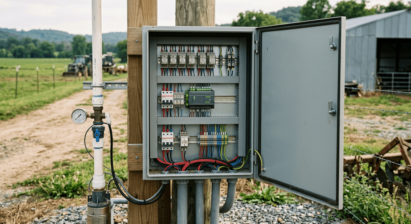 Tablero de control eléctrico instalado en el campo
